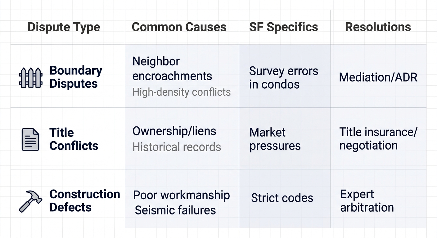 Infographic table comparing common real estate disputes in San Francisco: types, causes, local specifics, and resolutions with icons.