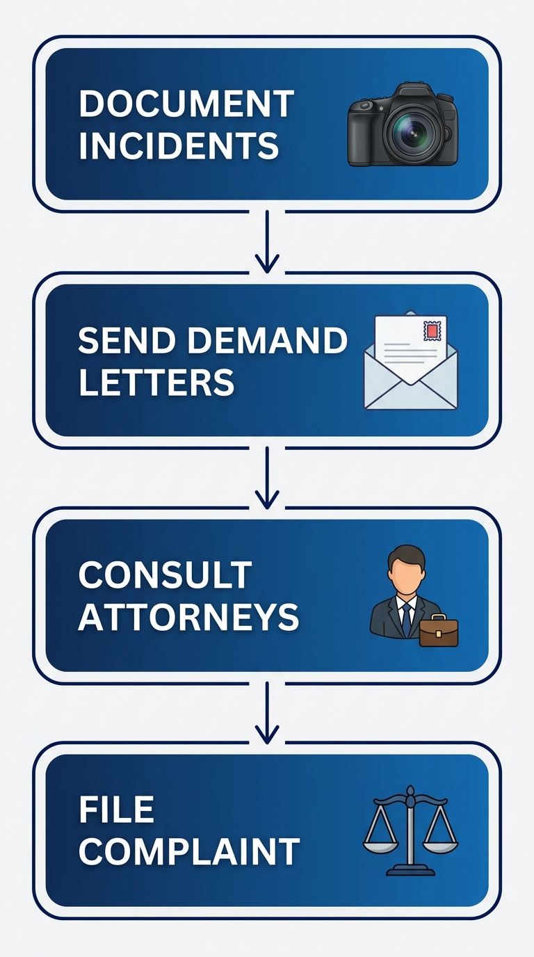 Vertical four-step process flow chart for initiating real estate litigation in San Francisco: document incidents with photos, send demand letters, consult attorneys, file court complaint.
