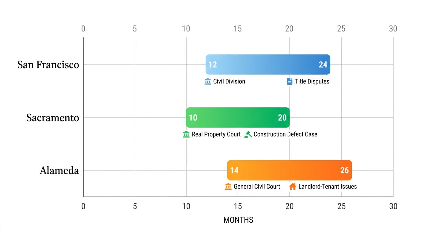 Horizontal bar chart comparing real estate litigation timelines in San Francisco (12-24 months), Sacramento (10-20 months), and Alameda (14-26 months) counties with minimal court and dispute labels
