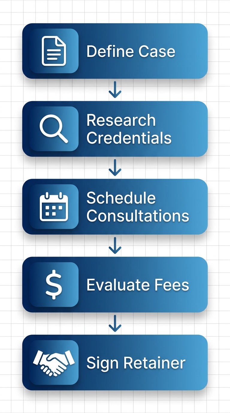 Vertical process flow diagram illustrating five steps to engage a real estate litigation lawyer: define case with document icon, research credentials with search icon, schedule consultations with calendar icon, evaluate fees with dollar icon, sign retainer with handshake icon, using blue gradients and professional style.
