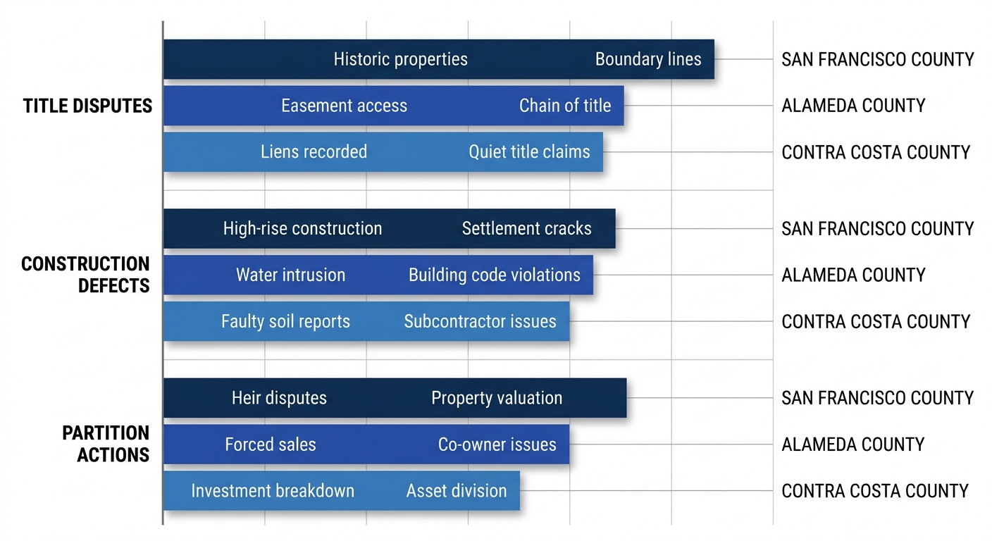 Grouped horizontal bar chart of real estate disputes including title disputes, construction defects, and partition actions across San Francisco, Alameda, and Contra Costa counties
