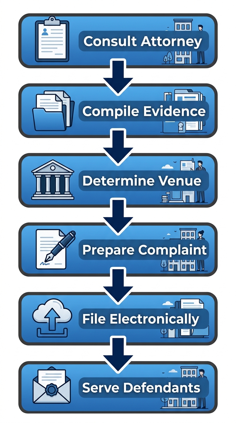 Vertical process flow diagram showing six steps to initiate real estate litigation: consult attorney, compile evidence, determine venue, prepare complaint, file electronically, serve defendants with icons.