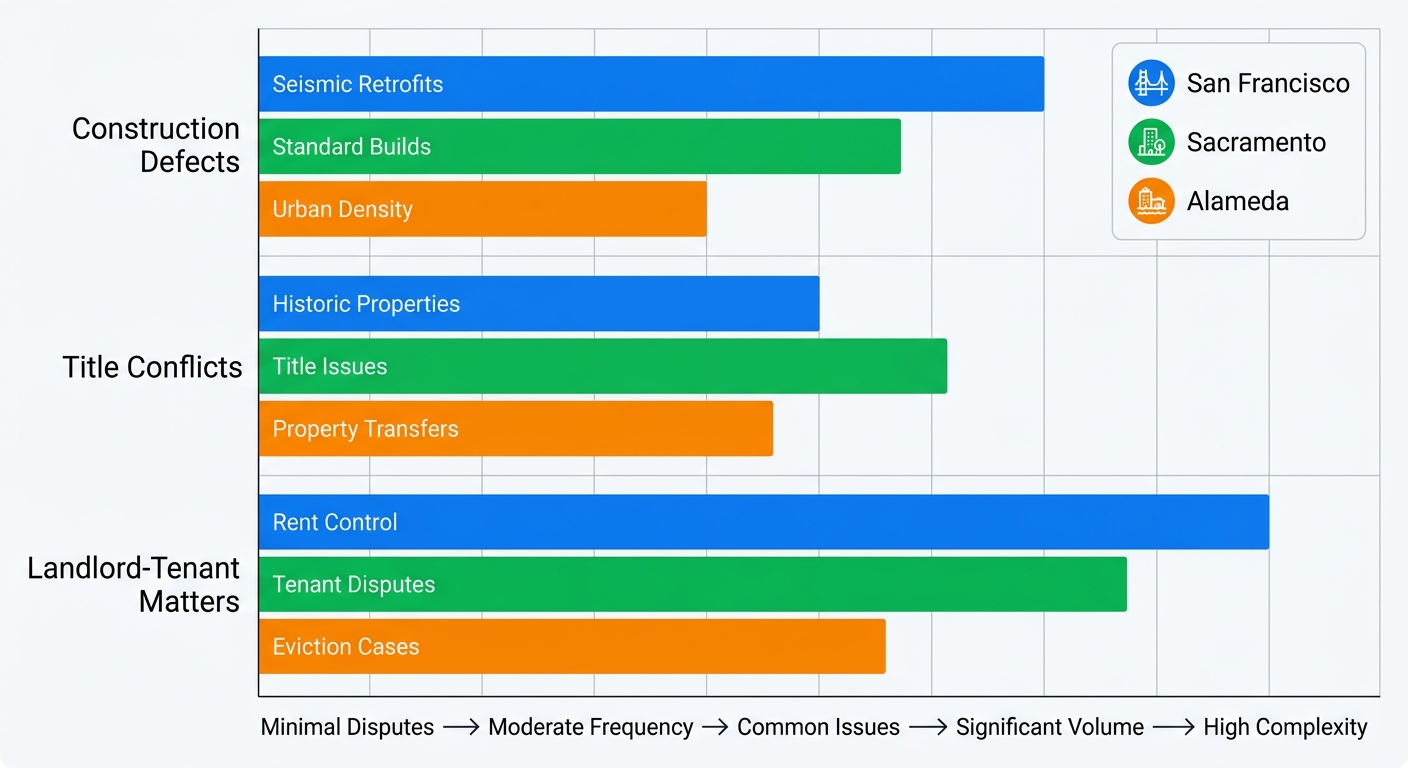 Grouped horizontal bar chart comparing real estate disputes in San Francisco, Sacramento, and Alameda counties by construction defects, title conflicts, and landlord-tenant matters