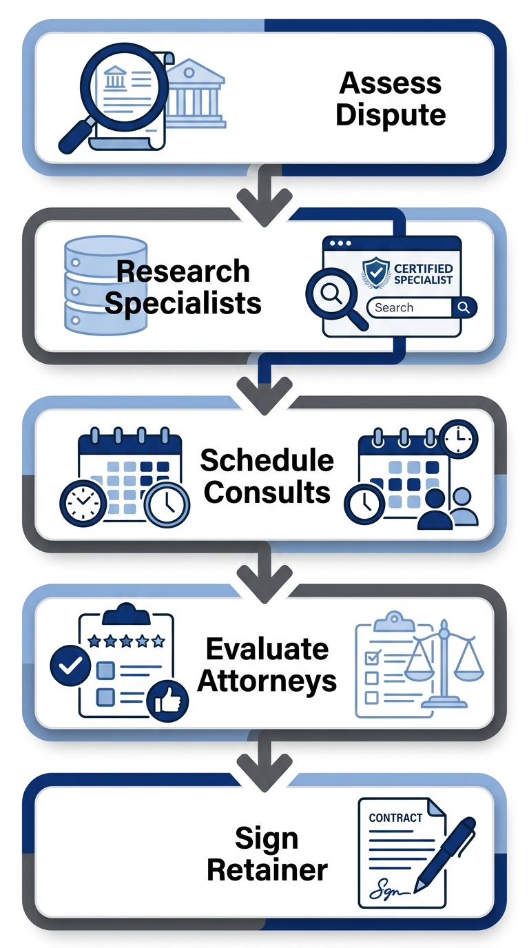 Vertical process flow diagram illustrating 5 steps to engage real estate litigation in San Francisco: assess dispute, research specialists, schedule consultations, evaluate attorneys, sign retainer with icons.