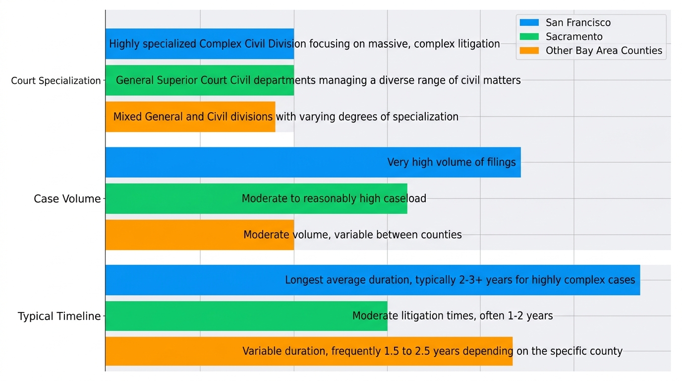 Horizontal bar chart comparing court specialization, case volume, and typical timelines for business litigation in San Francisco, Sacramento, and other Bay Area counties.