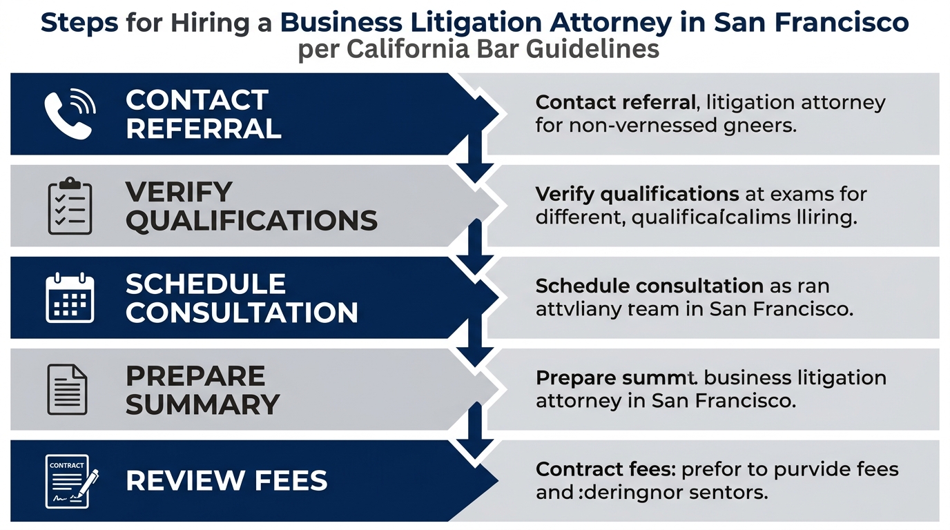 Vertical flowchart with five stages for hiring a business litigation attorney: contact referral service, verify qualifications, schedule consultation, prepare summary, review fees.