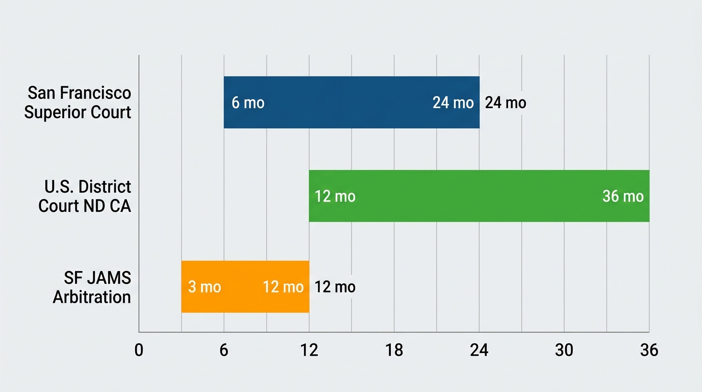 Horizontal bar chart comparing business litigation timelines in San Francisco: Superior Court 6-24 months, Federal Court 12-36 months, JAMS Arbitration 3-12 months.