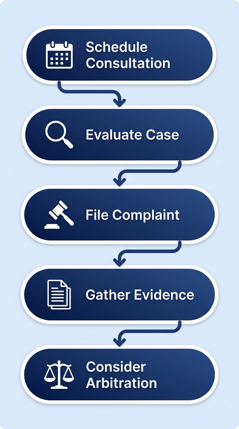 Vertical process flow diagram with five steps to initiate San Francisco business litigation: schedule consultation, evaluate case, file complaint, gather evidence, consider arbitration.