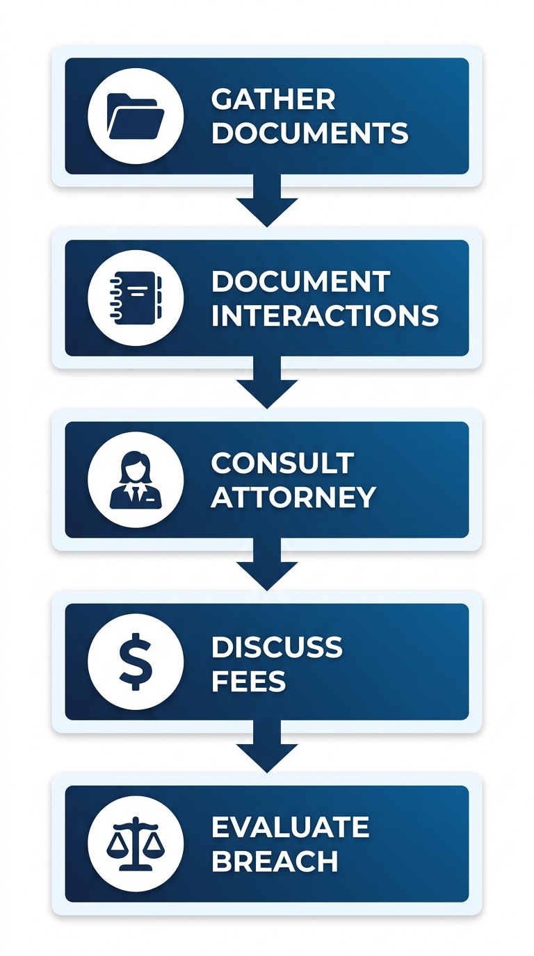 Vertical process flow diagram with 5 steps to initiate an insurance bad faith claim: gather documents, document interactions, consult attorney, discuss fees, evaluate breach.