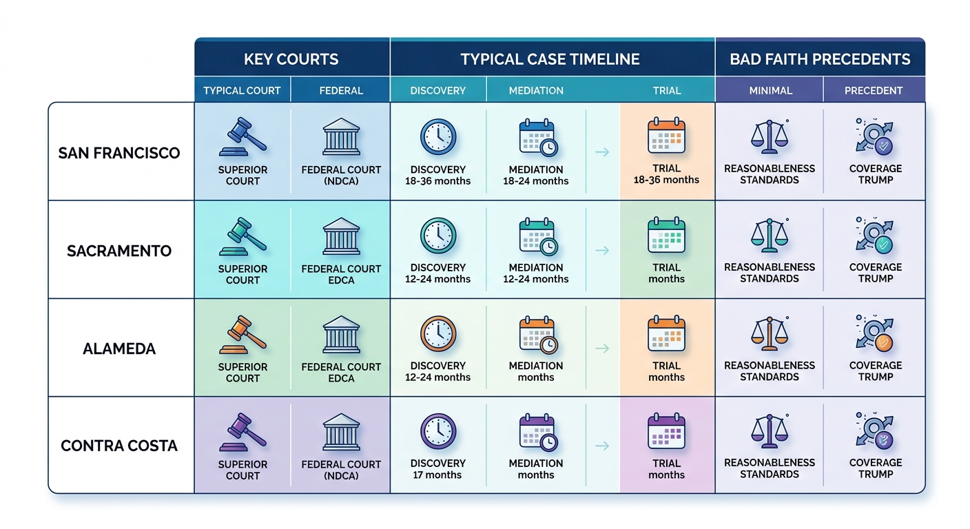 Data visualization comparing insurance litigation metrics across San Francisco Bay Area counties including key courts, timelines, and precedents