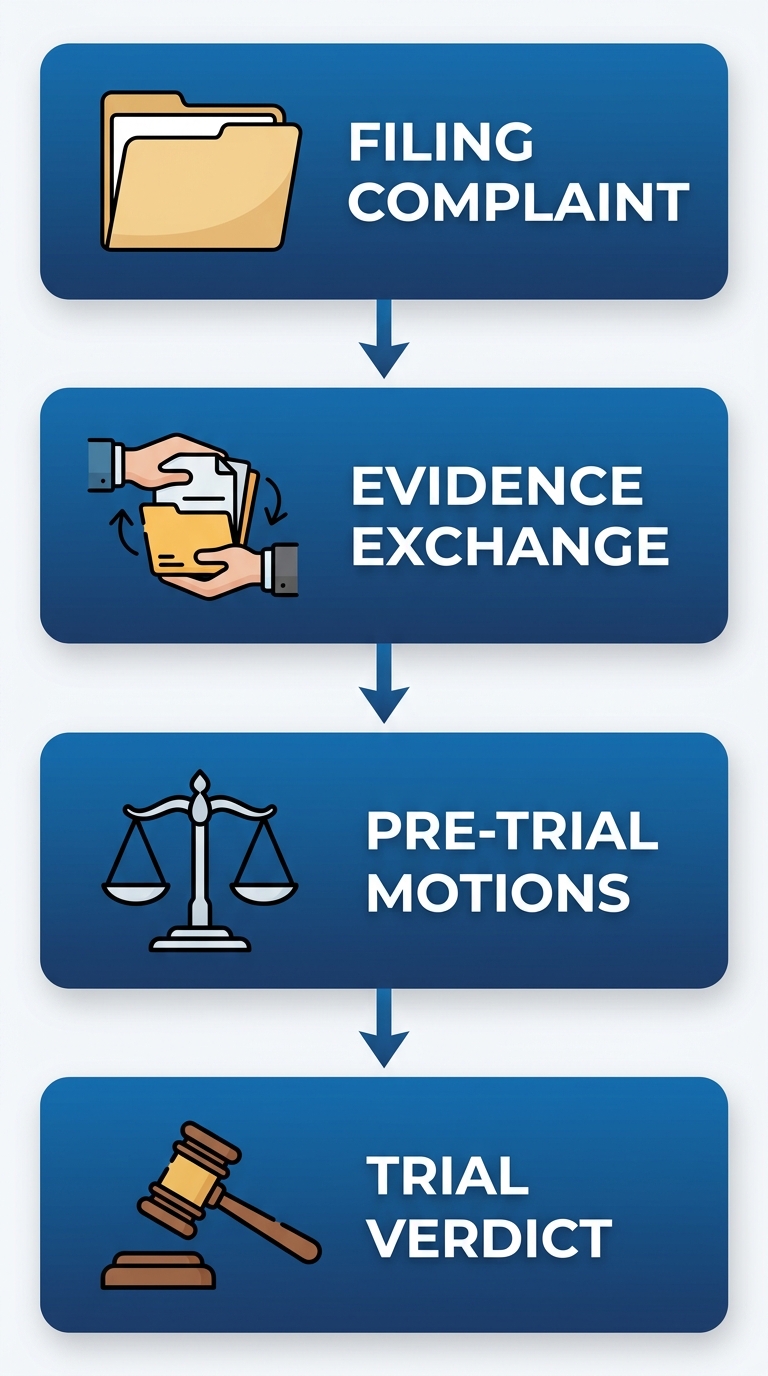 Vertical process flow diagram illustrating four stages of civil litigation in Contra Costa County: filing complaint, evidence exchange, pre-trial motions, and trial verdict with icons.