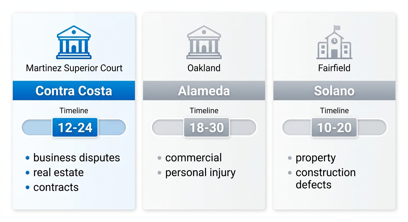 Infographic comparing civil litigation timelines, courts, and case types in Contra Costa, Alameda, and Solano counties