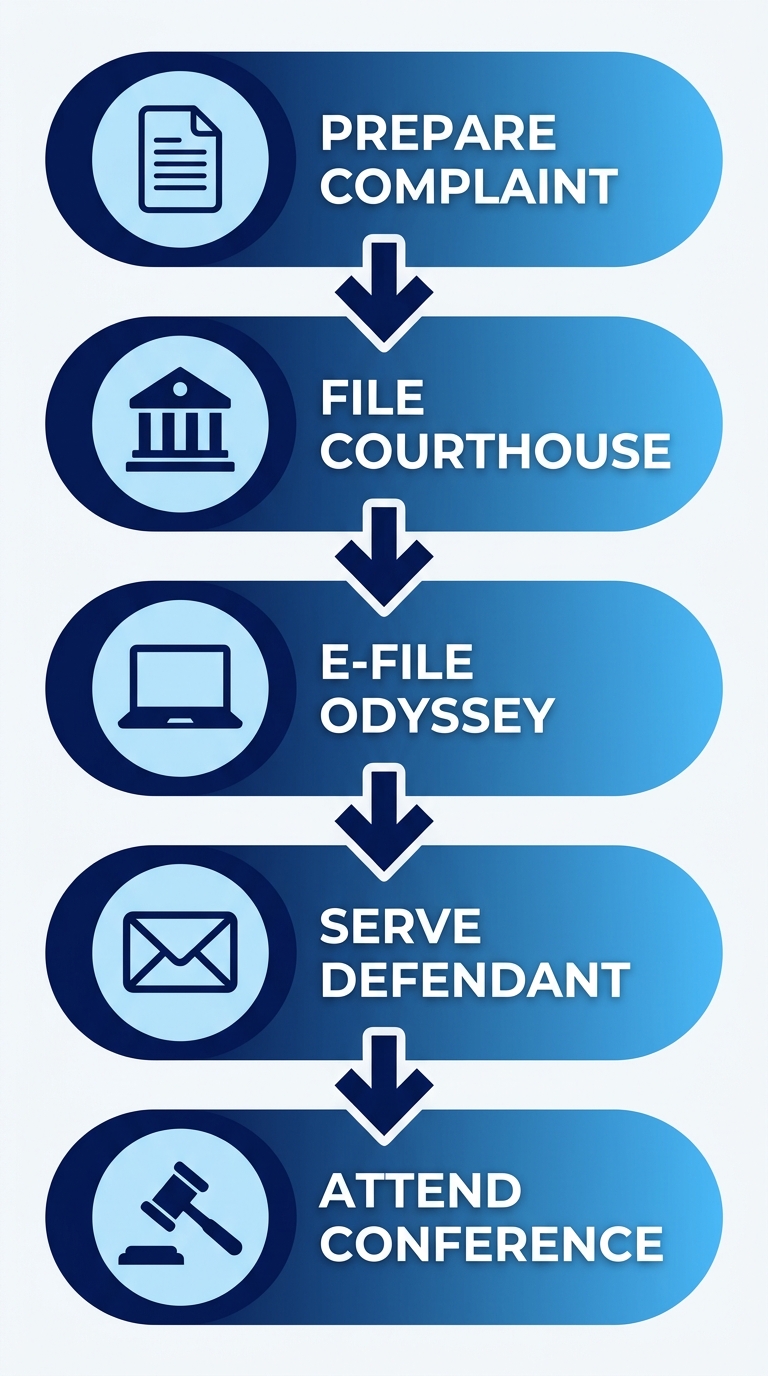 Accessibility flow diagram of five steps for filing a civil case in Contra Costa Superior Court