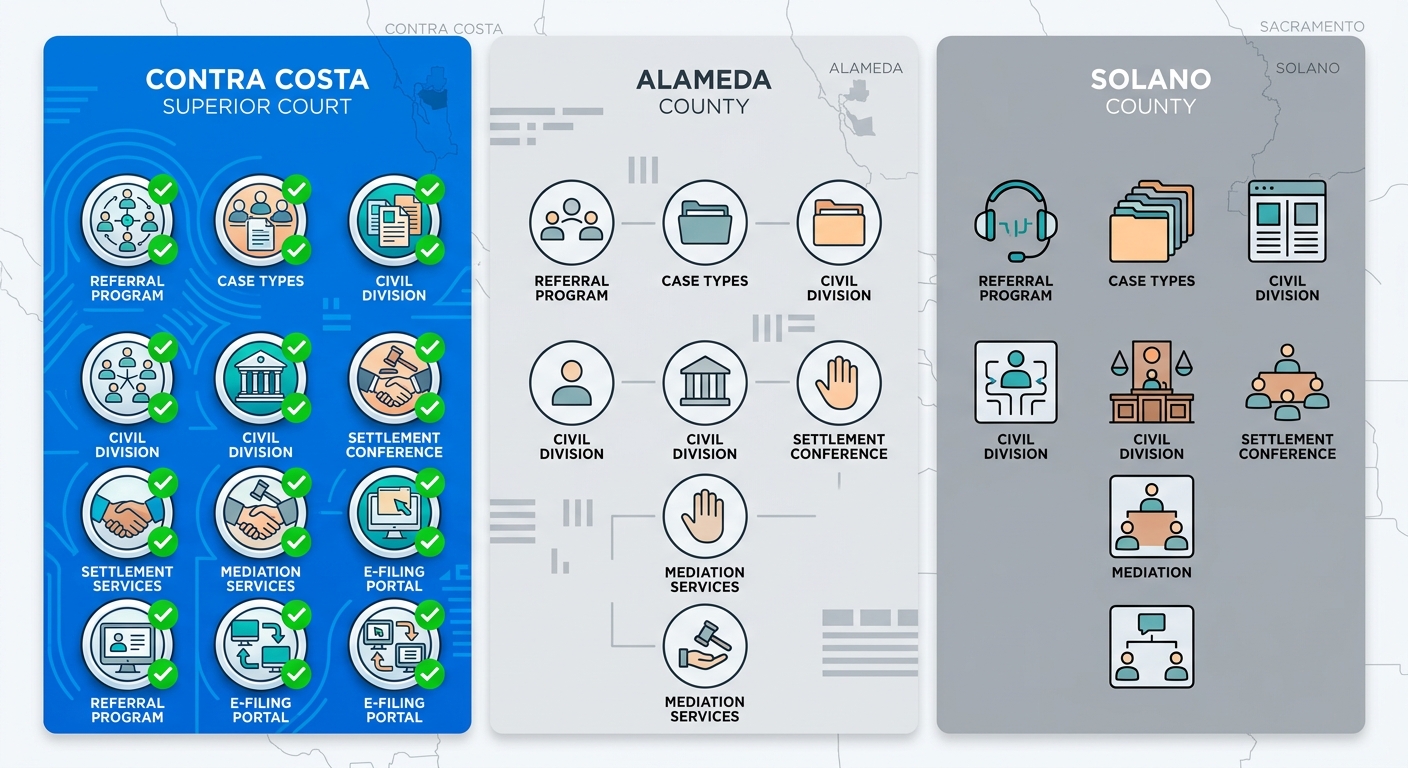 Infographic comparing civil court resources in Contra Costa, Alameda, and Solano counties with highlighted features for Contra Costa