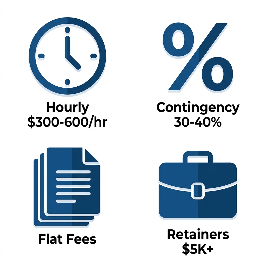 2x2 grid of modern flat icons depicting civil litigation fee structures.