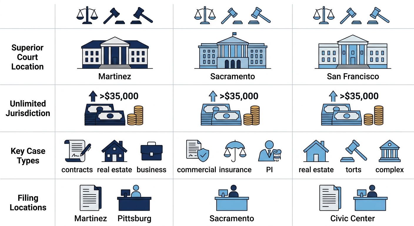 Infographic comparing civil court aspects in Contra Costa, Sacramento, and San Francisco counties.