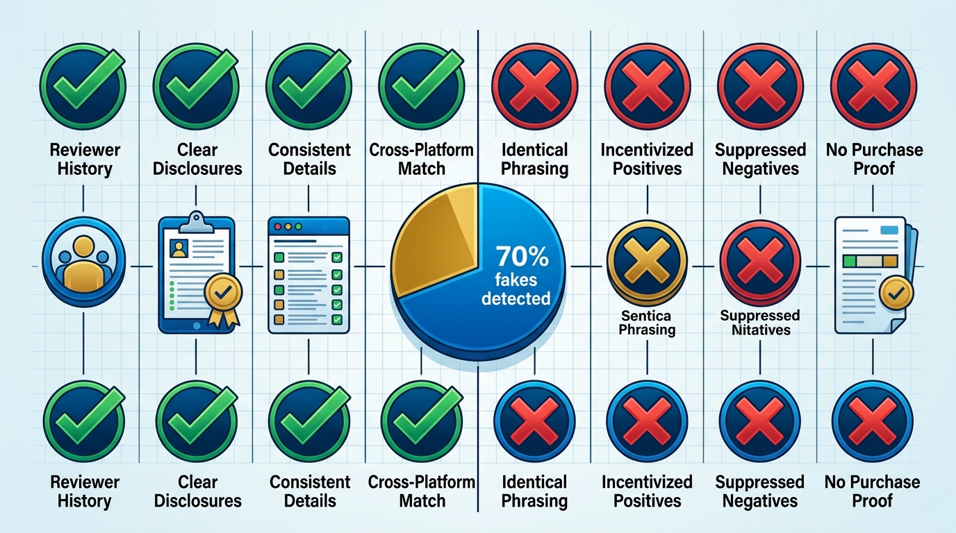 Infographic showing FTC-style indicators for trustworthy versus fake reviews with checkmarks, X marks, labels, and 70% fake detection pie chart in blue-gold tones