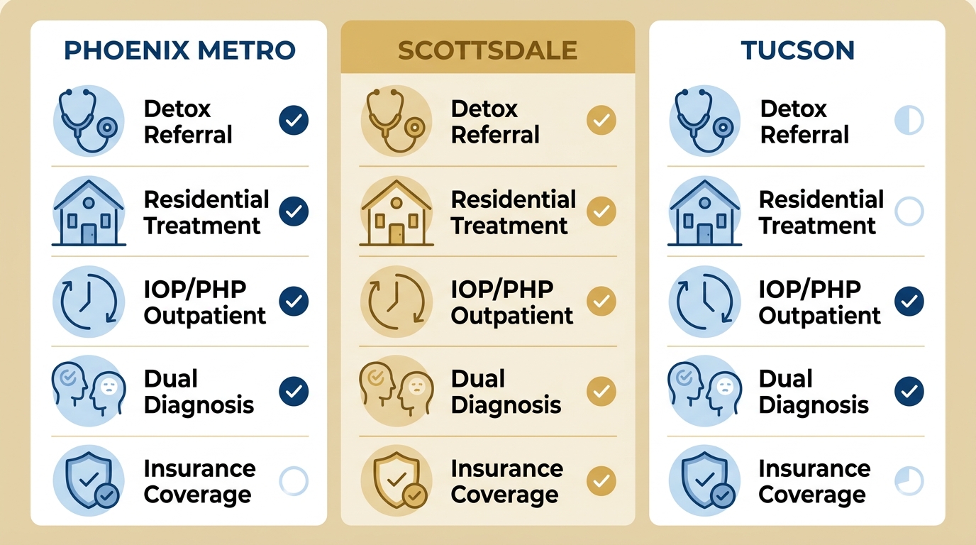 Infographic comparing drug rehab services in Scottsdale, Phoenix Metro, and Tucson, with Scottsdale highlighted for comprehensive offerings including detox, residential, outpatient, dual diagnosis, and insurance.