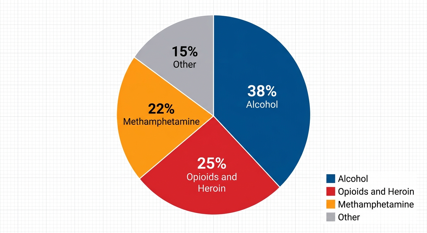 Pie chart showing proportions of primary substances in Arizona drug rehab admissions: alcohol, opioids, methamphetamine, and others based on SAMHSA data