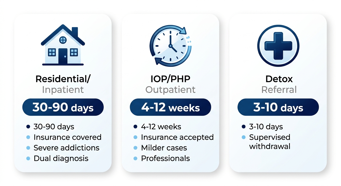 Infographic comparing three Arizona drug rehab types: Residential 30-90 days, IOP/PHP 4-12 weeks, Detox 3-10 days with icons, insurance details and suitability.