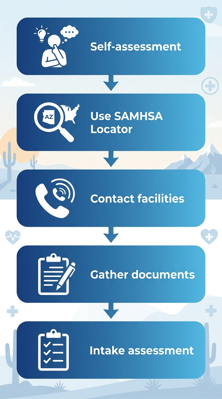 Vertical process flow diagram of 5 steps to start rehab: self-assessment, SAMHSA locator, contact facilities, gather documents, intake assessment with icons.