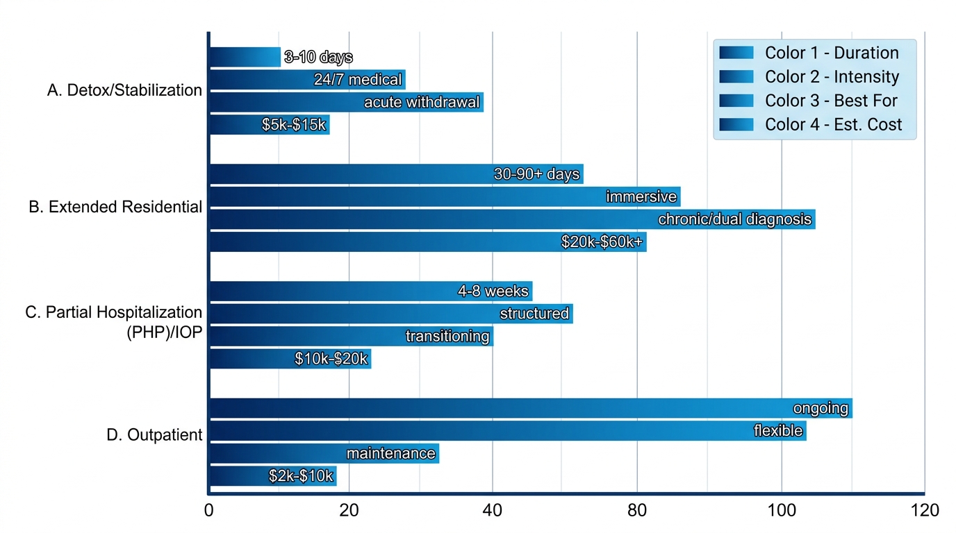 Horizontal bar chart comparing Arizona drug treatment program types by duration, intensity, suitability, and estimated costs without insurance