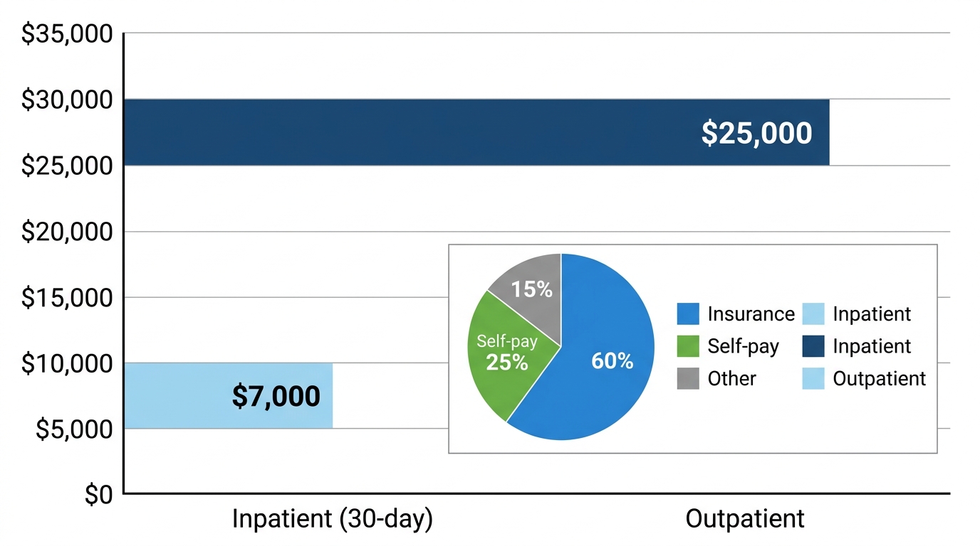 Horizontal bar chart of average inpatient and outpatient rehab costs in Arizona with inset pie chart for payment sources