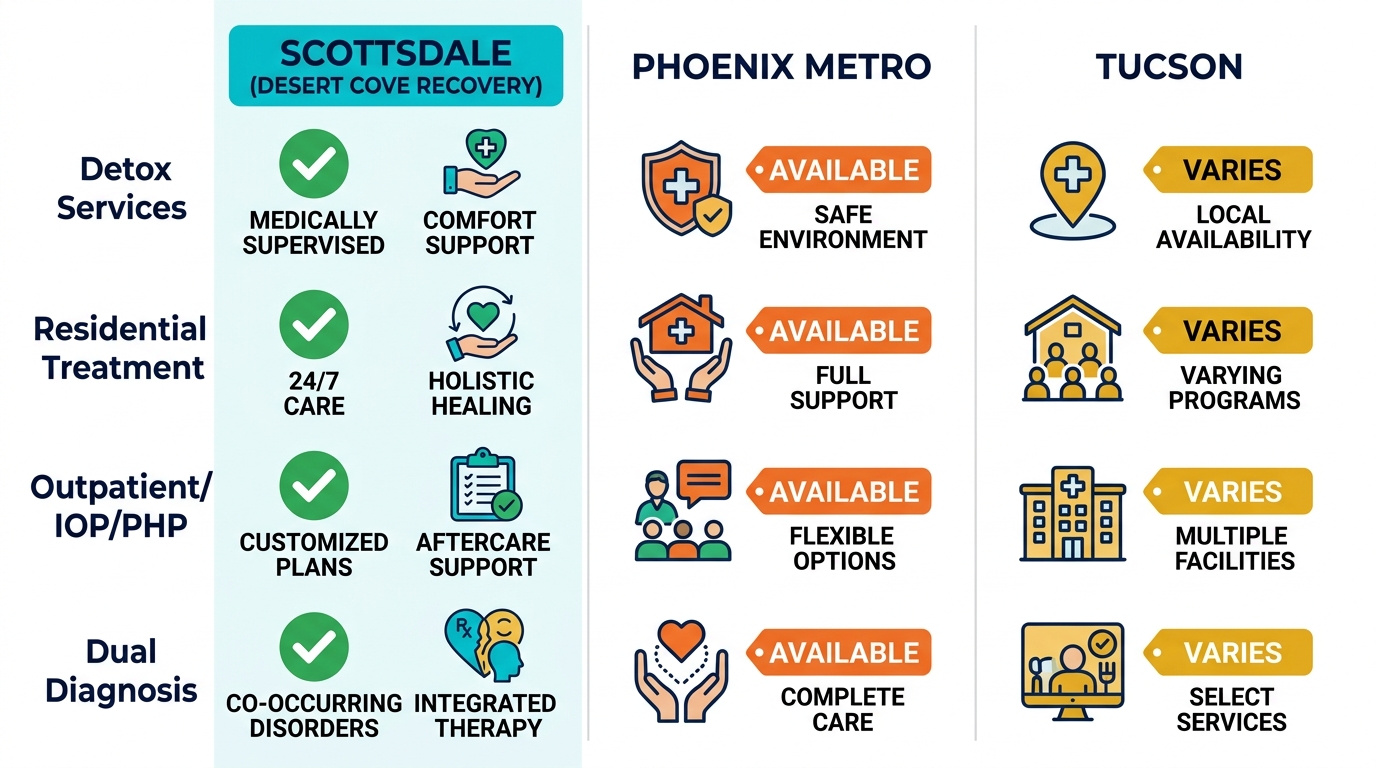 Infographic visually comparing drug rehab services availability in Scottsdale, Phoenix Metro, and Tucson across detox, residential, outpatient, and dual diagnosis.