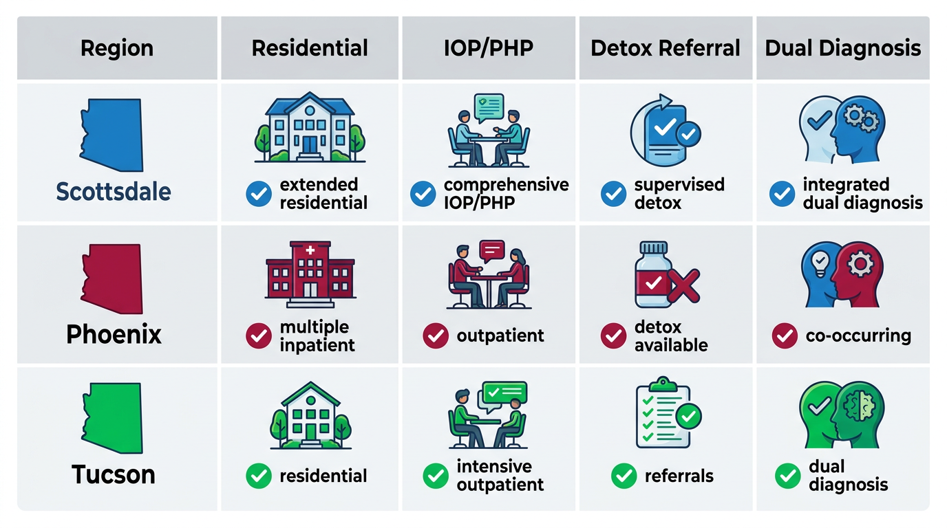 Infographic comparing addiction treatment services availability in Scottsdale, Phoenix, and Tucson Arizona regions using icons and minimal labels.