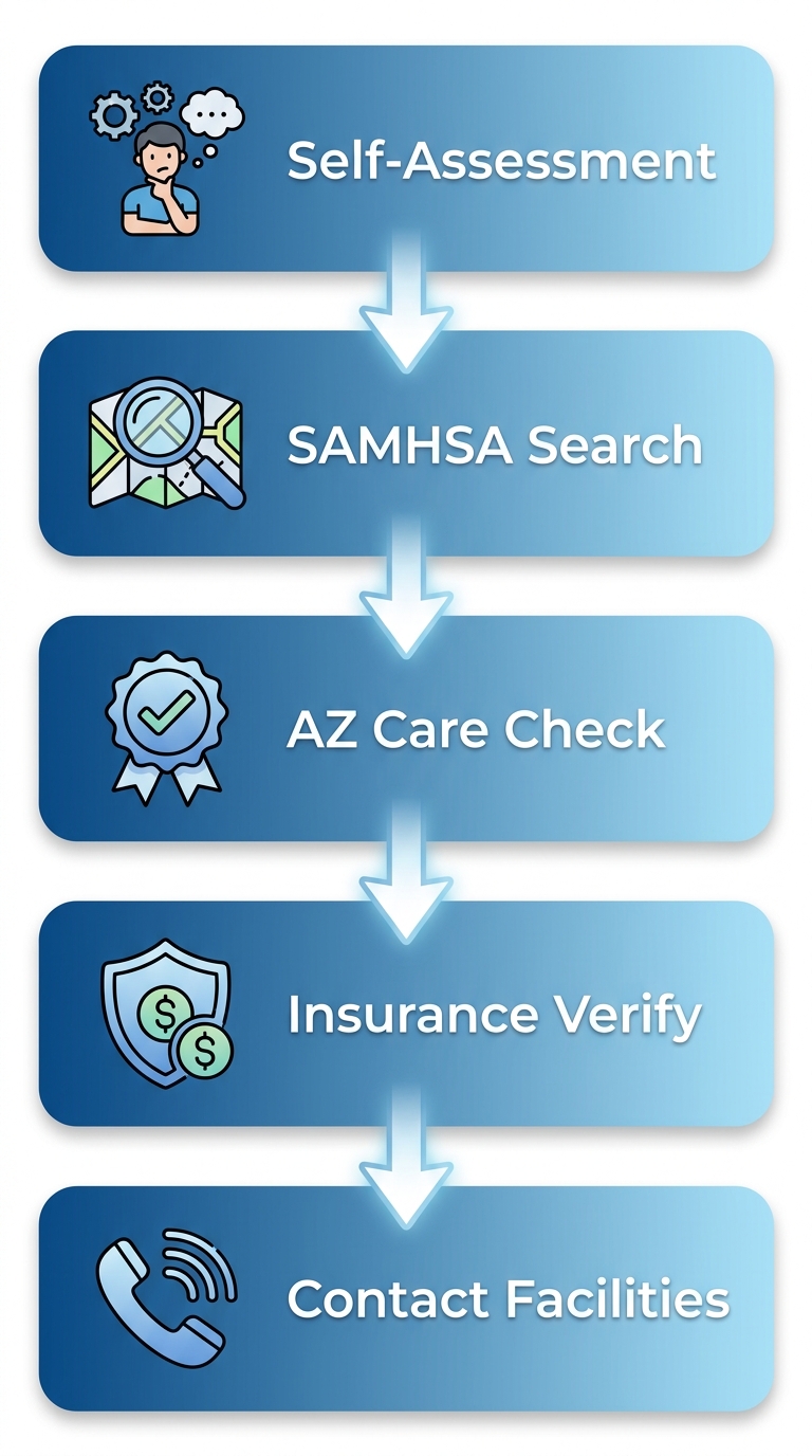 Vertical process flow illustrating 5 steps to start addiction recovery in Arizona: self-assessment, SAMHSA locator, AZ Care Check, insurance verification, contact facilities.