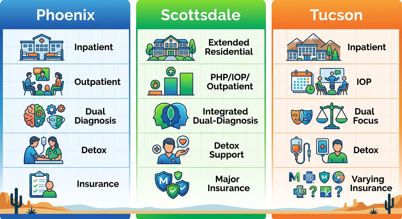 Infographic comparing drug treatment services in Phoenix, Scottsdale, and Tucson regions of Arizona