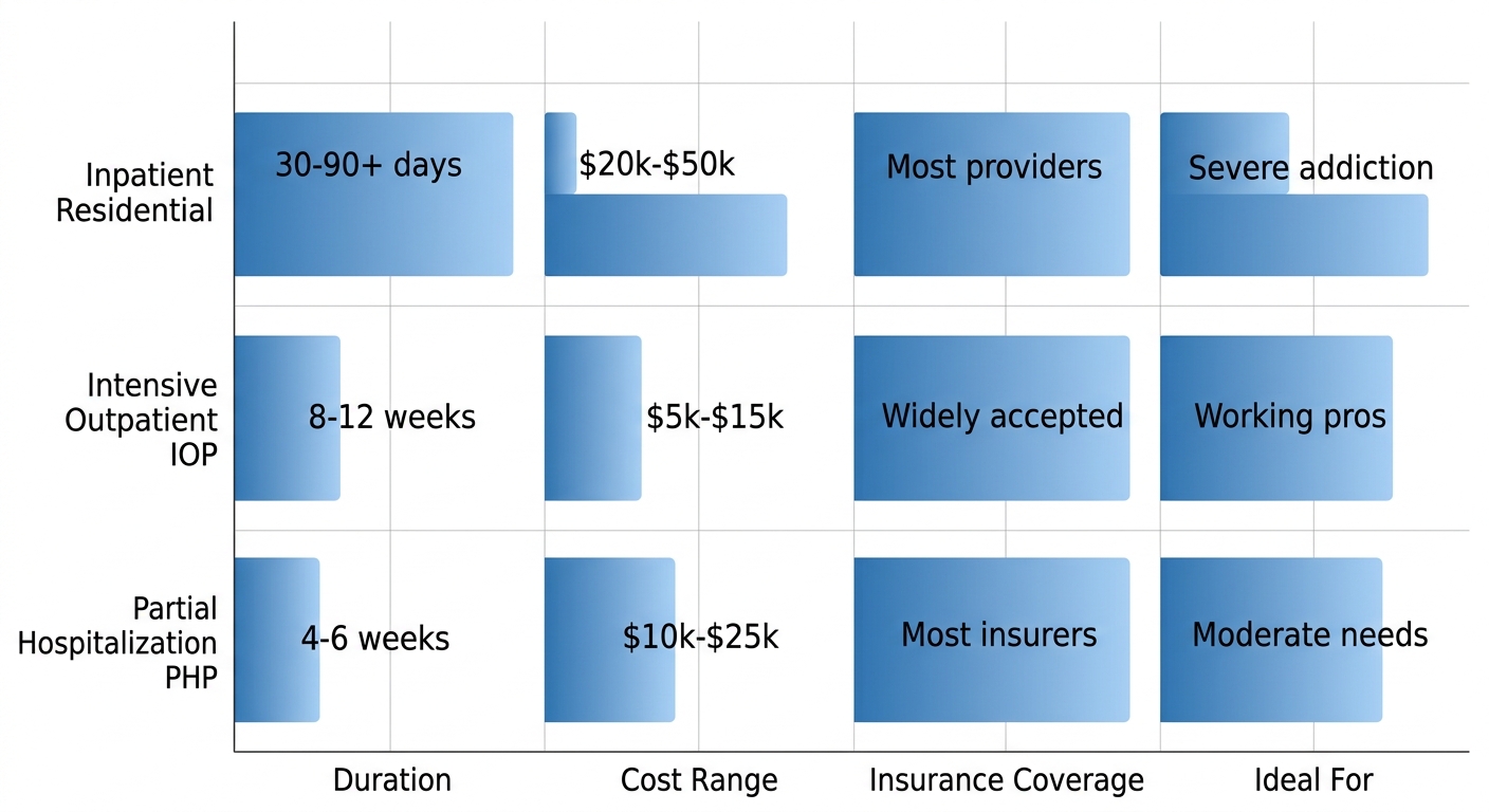Horizontal bar chart comparing key features of Scottsdale alcohol rehab programs: inpatient residential, IOP, and PHP across duration, cost, insurance coverage, and ideal candidates.
