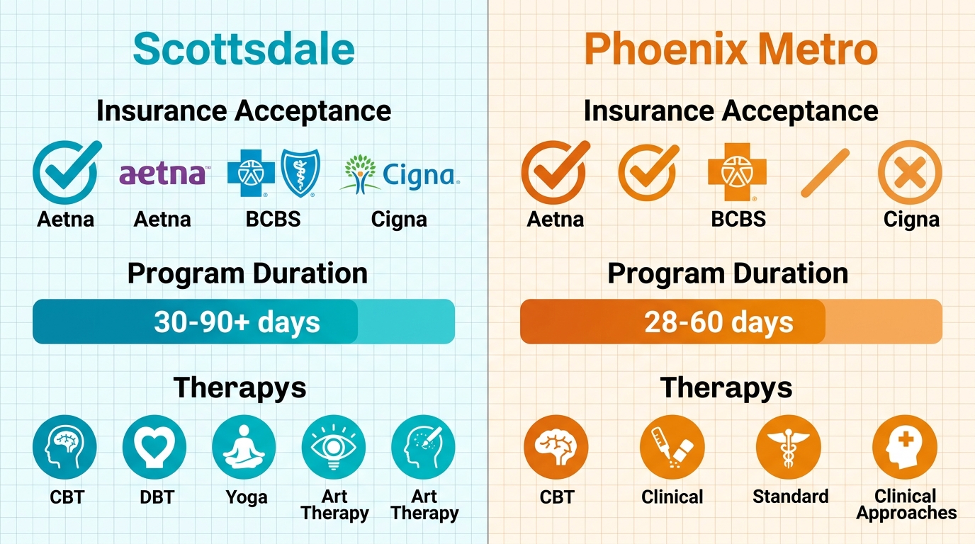 Infographic comparing key drug rehab features between Scottsdale Desert Cove Recovery and Phoenix Metro, covering insurance, program duration, and therapies