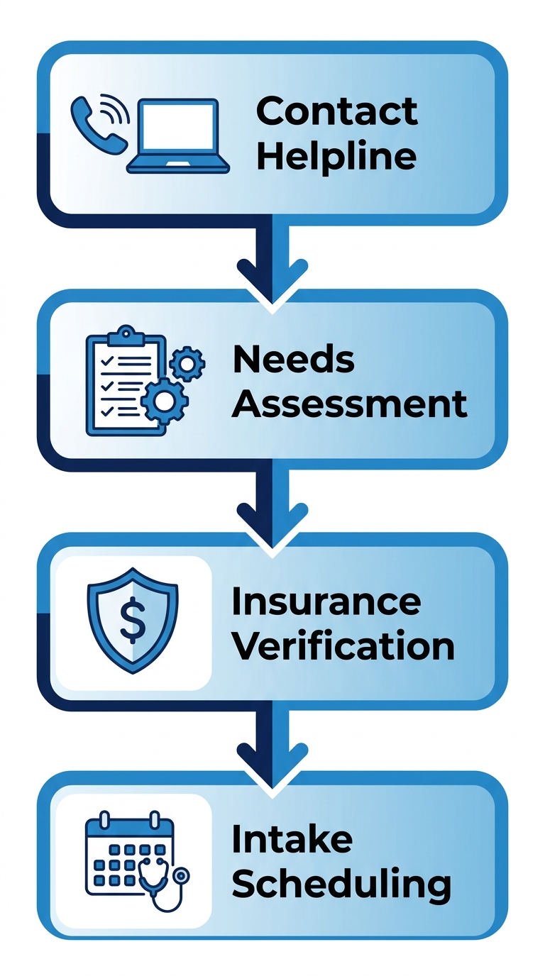 Vertical process flow diagram of four steps to start rehab at Desert Cove Recovery: Contact Helpline, Needs Assessment, Insurance Verification, and Intake Scheduling with relevant icons.