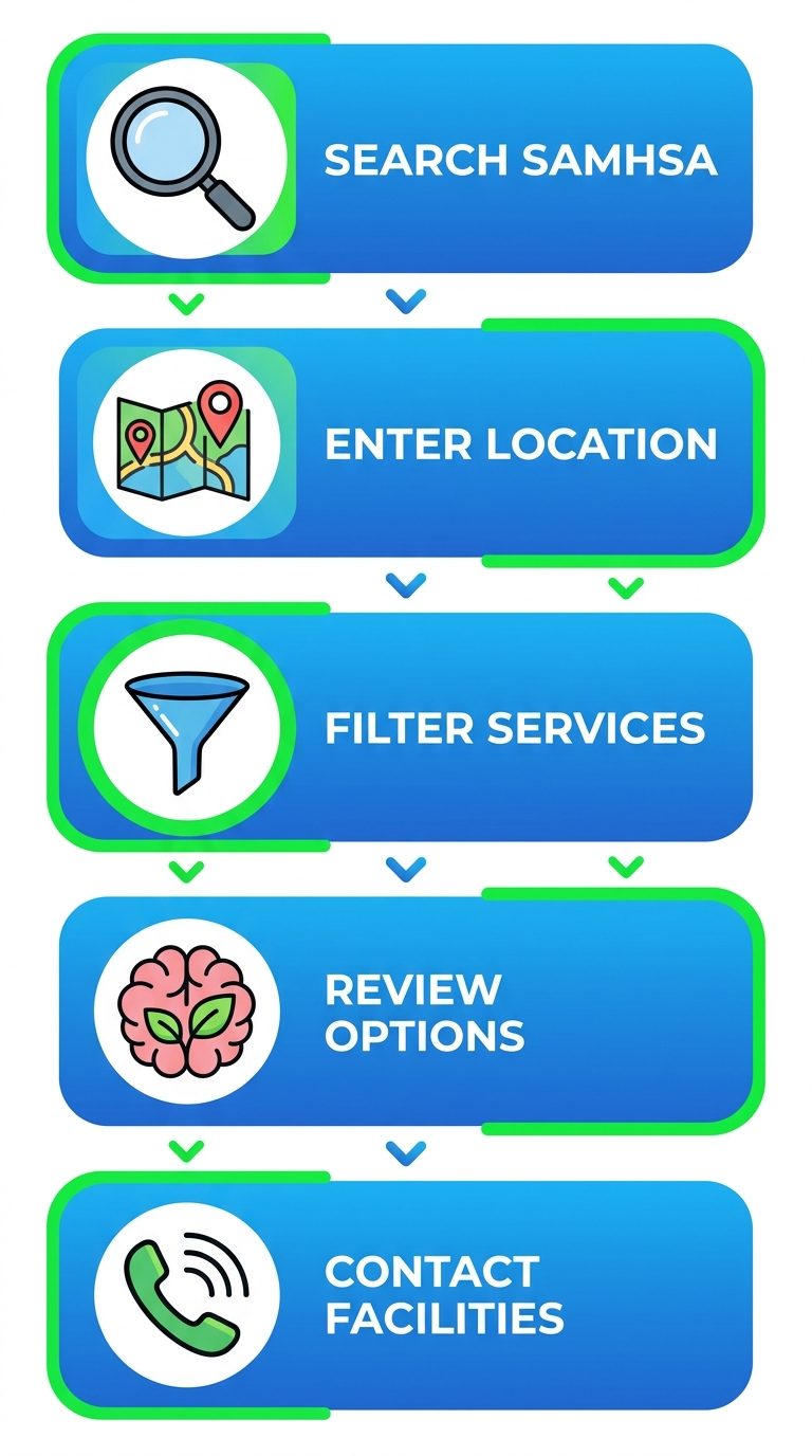 Vertical process flow diagram showing 5 steps to find substance use disorder treatment in Arizona via SAMHSA tool