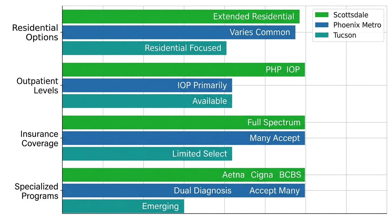 Horizontal bar chart comparing addiction treatment features across Arizona regions: Scottsdale, Phoenix Metro, Tucson including residential options, outpatient levels, insurance coverage, specialized programs