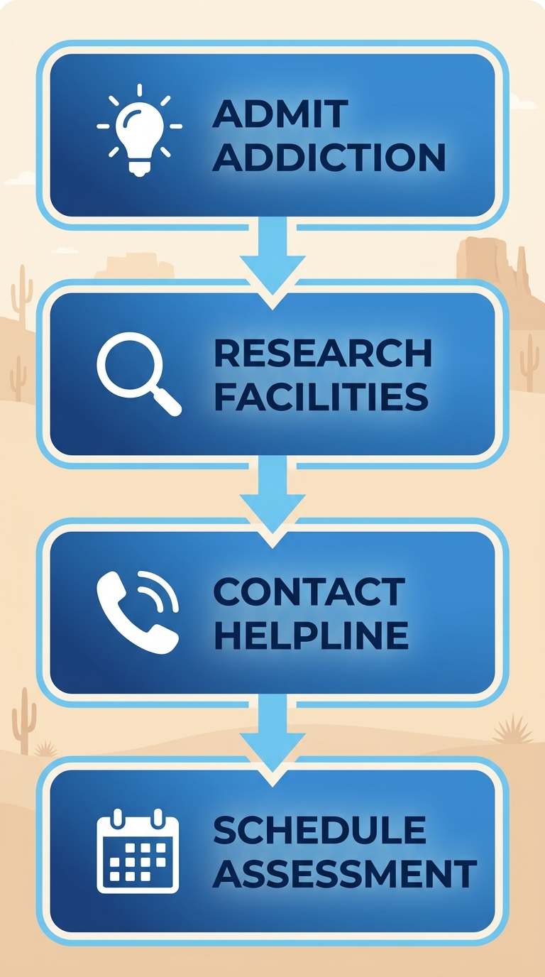 Vertical process flow diagram with four steps for starting addiction recovery in Arizona: admit addiction with lightbulb, research facilities with magnifier, contact helpline with phone, schedule assessment with calendar, blue gradient boxes and desert accents.