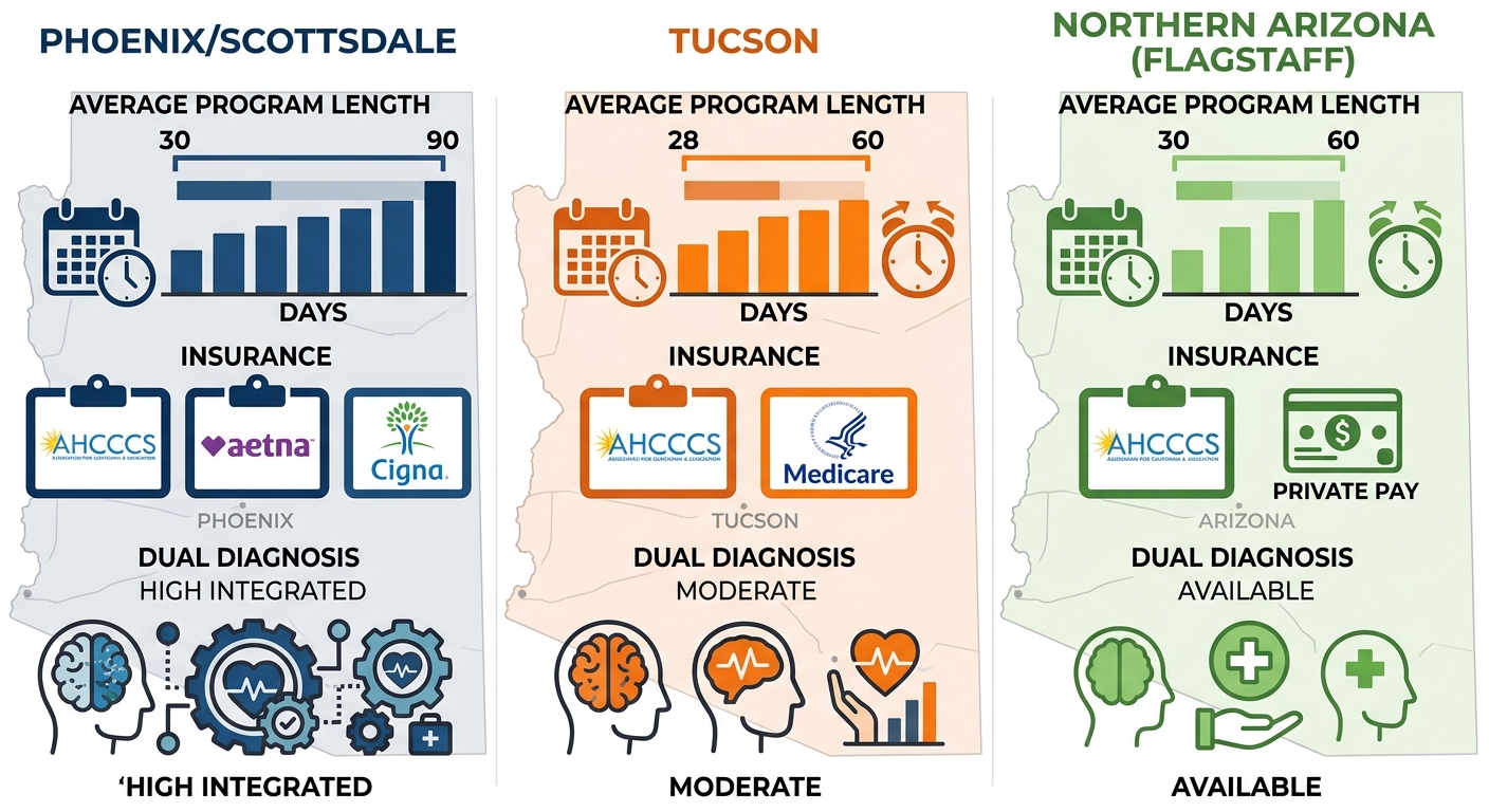 Infographic showing comparison of inpatient drug rehab programs in Phoenix/Scottsdale, Tucson, and Northern Arizona regions, highlighting program lengths, insurance options, and dual diagnosis capabilities.