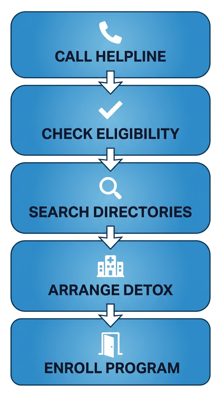 Vertical process flow diagram illustrating 5 steps to start heroin rehab in Arizona: call helpline, check eligibility, search directories, arrange detox, enroll in treatment.
