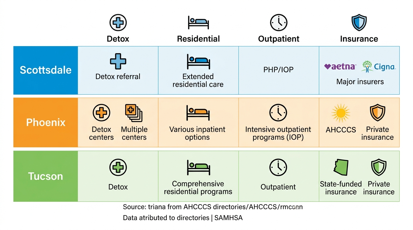 Infographic comparing heroin addiction treatment services including detox, residential rehab, outpatient programs, and insurance options across Scottsdale, Phoenix, and Tucson regions in Arizona