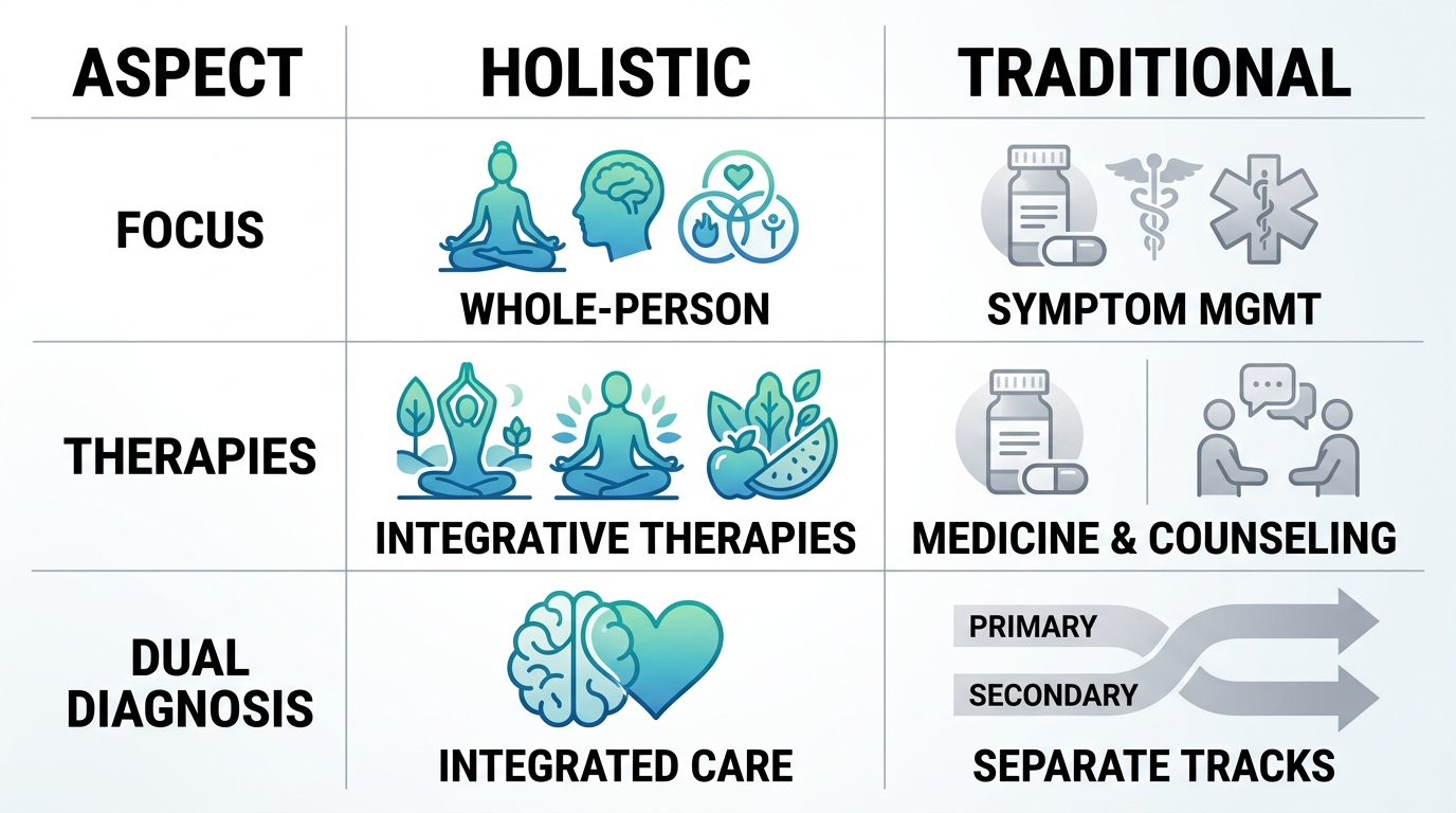 Infographic table comparing holistic and traditional addiction recovery principles across focus, therapies, and dual diagnosis aspects with icons.