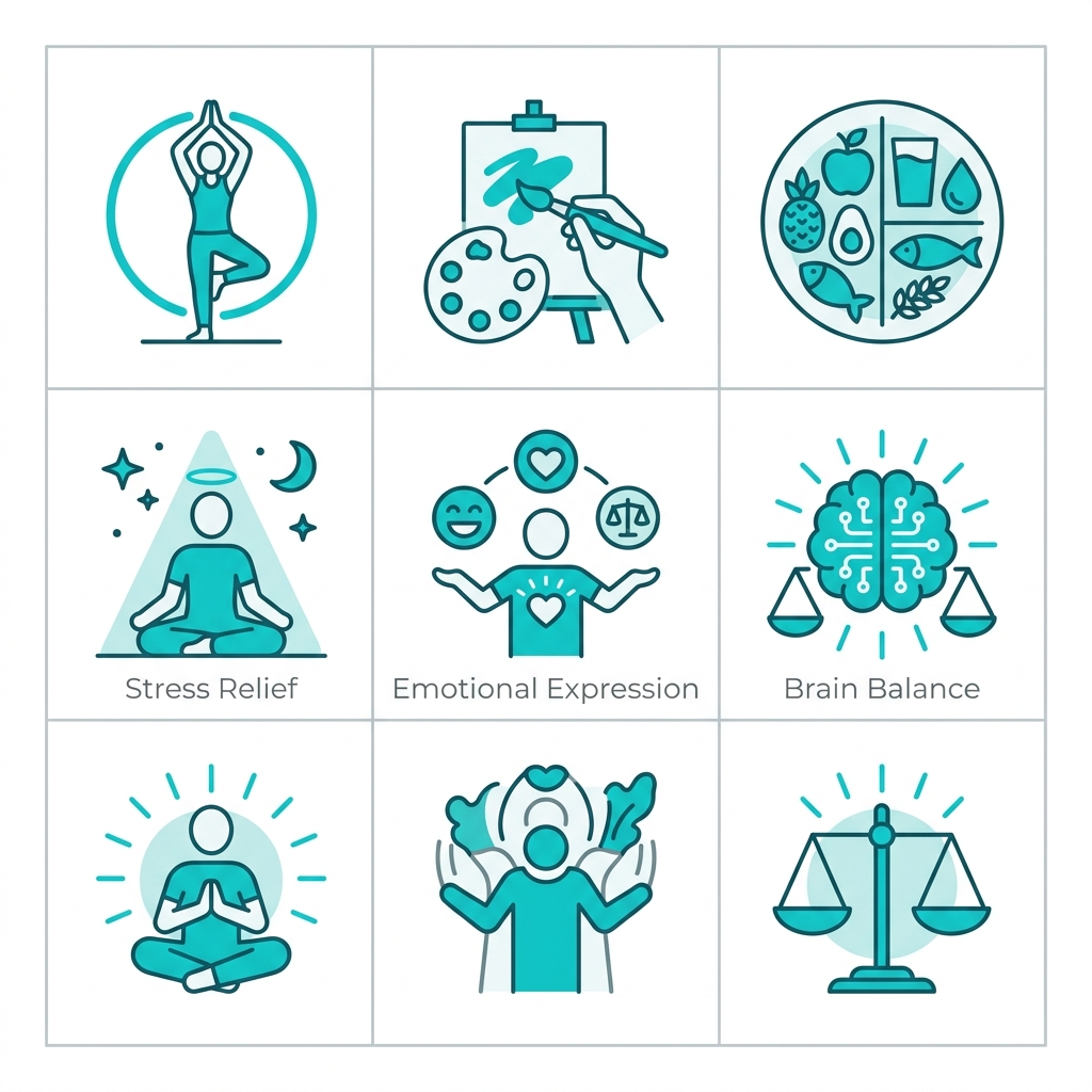Icon grid of yoga, art therapy, and nutrition counseling for dual diagnosis recovery