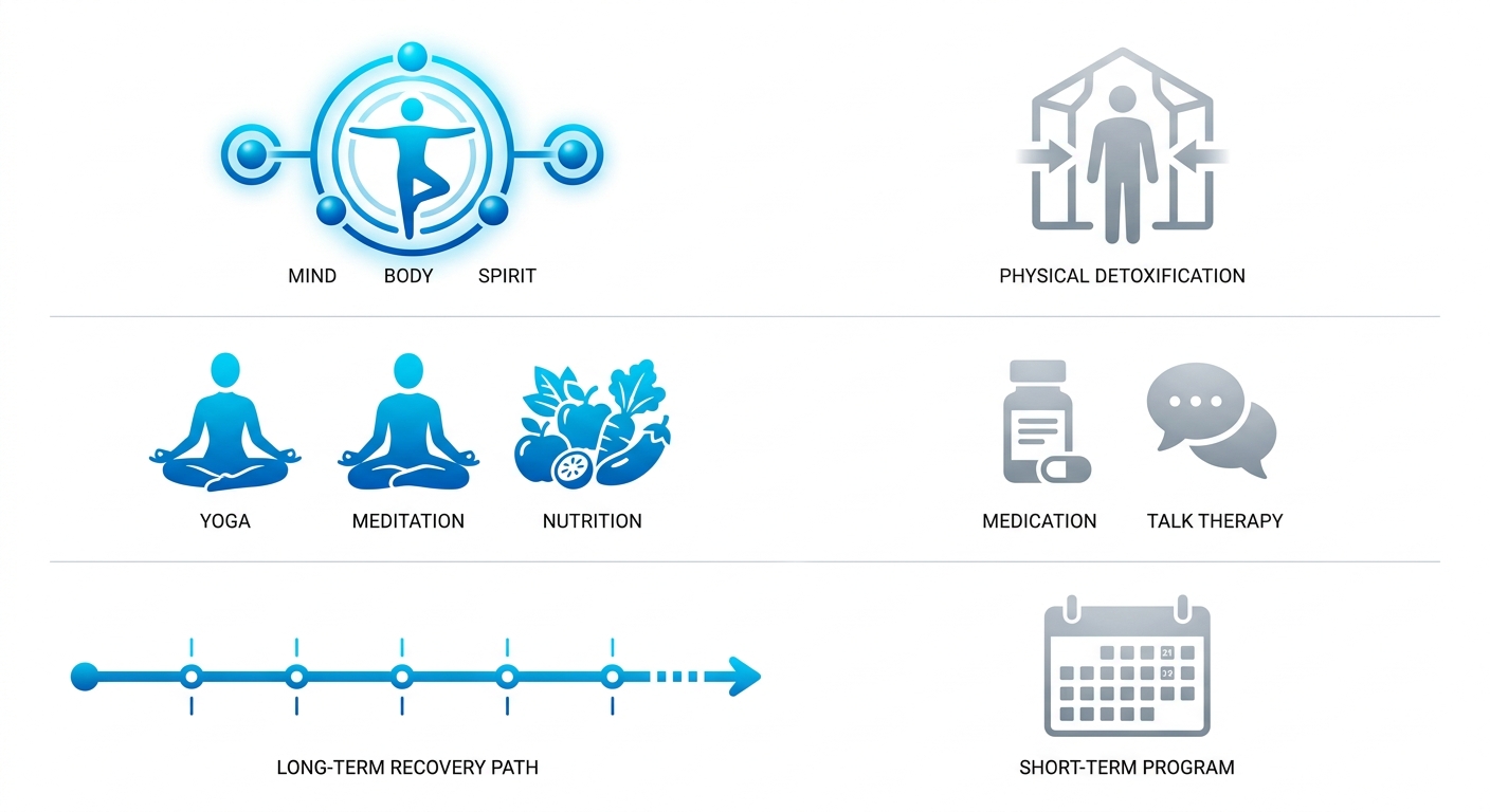 Infographic comparing holistic and traditional addiction treatment: focus, therapies, and duration side-by-side.