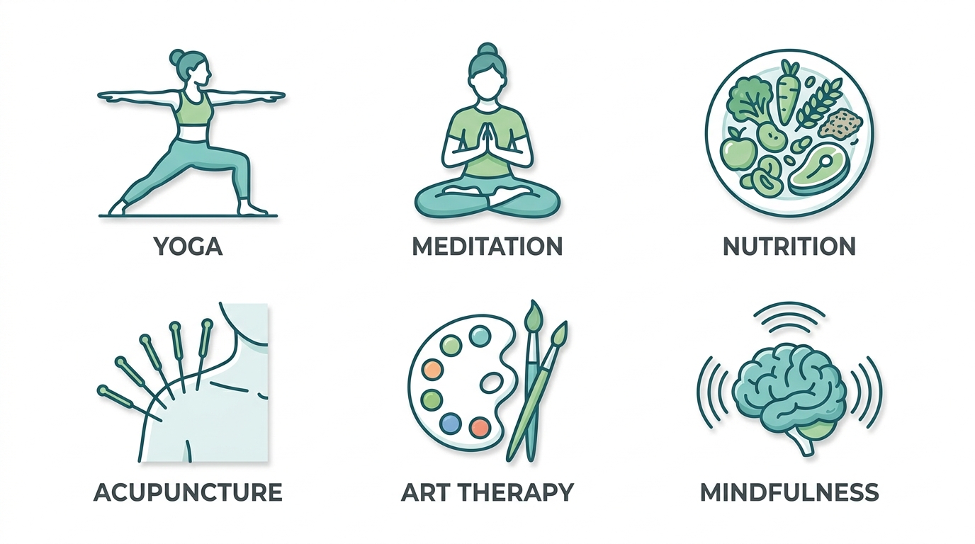 Grid of six outline icons for holistic addiction treatment therapies: yoga, meditation, nutrition, acupuncture, art, mindfulness in teal and green tones.