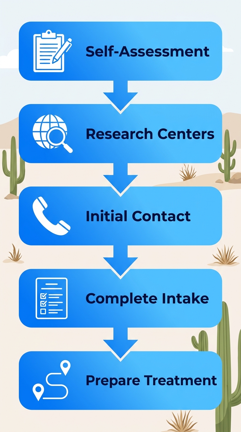 Vertical process flow diagram with 5 steps to start drug rehab: self-assessment, research centers, initial contact, complete intake, prepare for treatment levels.
