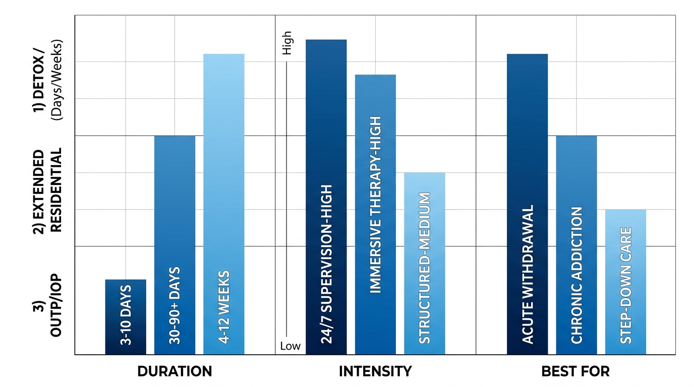 Horizontal grouped bar chart comparing Duration, Intensity, and Best For across Detox, Residential, and Outpatient care levels in Scottsdale drug rehab programs