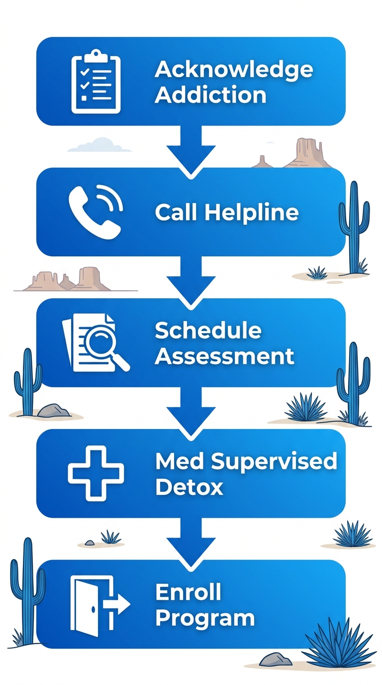 Vertical process flow illustrating 5 sequential steps to start addiction recovery in Scottsdale