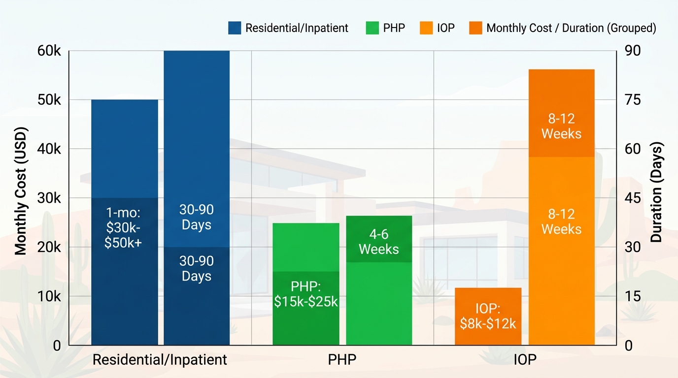 Grouped bar chart comparing costs and durations of inpatient, PHP, and IOP treatments in Scottsdale rehabs