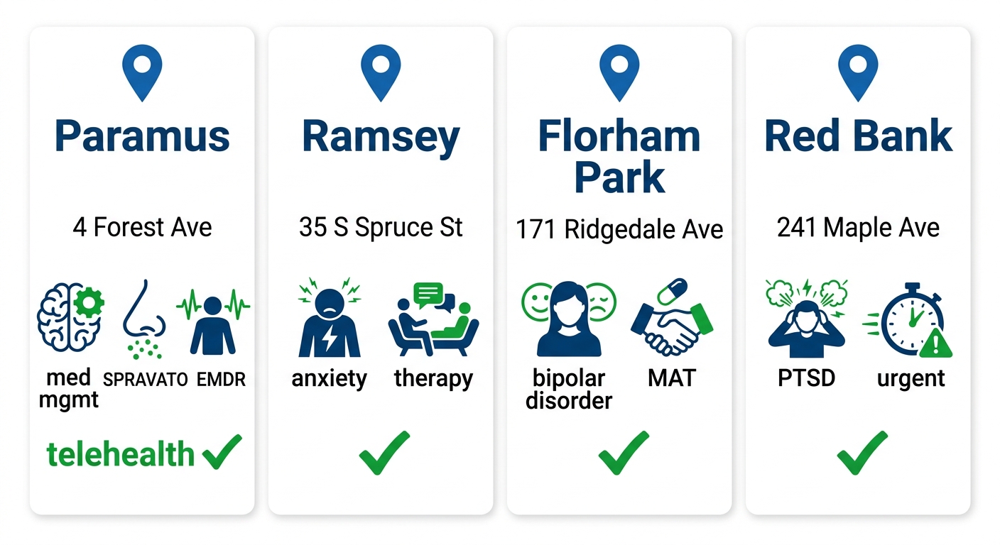 Infographic comparing four North Jersey Health & Wellness psychiatric clinic locations with services and telehealth availability