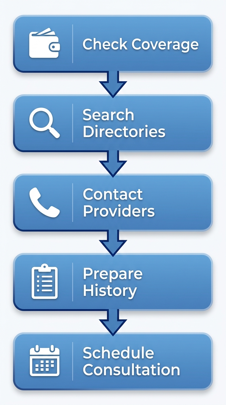Vertical process flow diagram illustrating 5 steps to start psychiatric care: check insurance coverage, search directories, contact providers, prepare symptoms and history, schedule consultation.